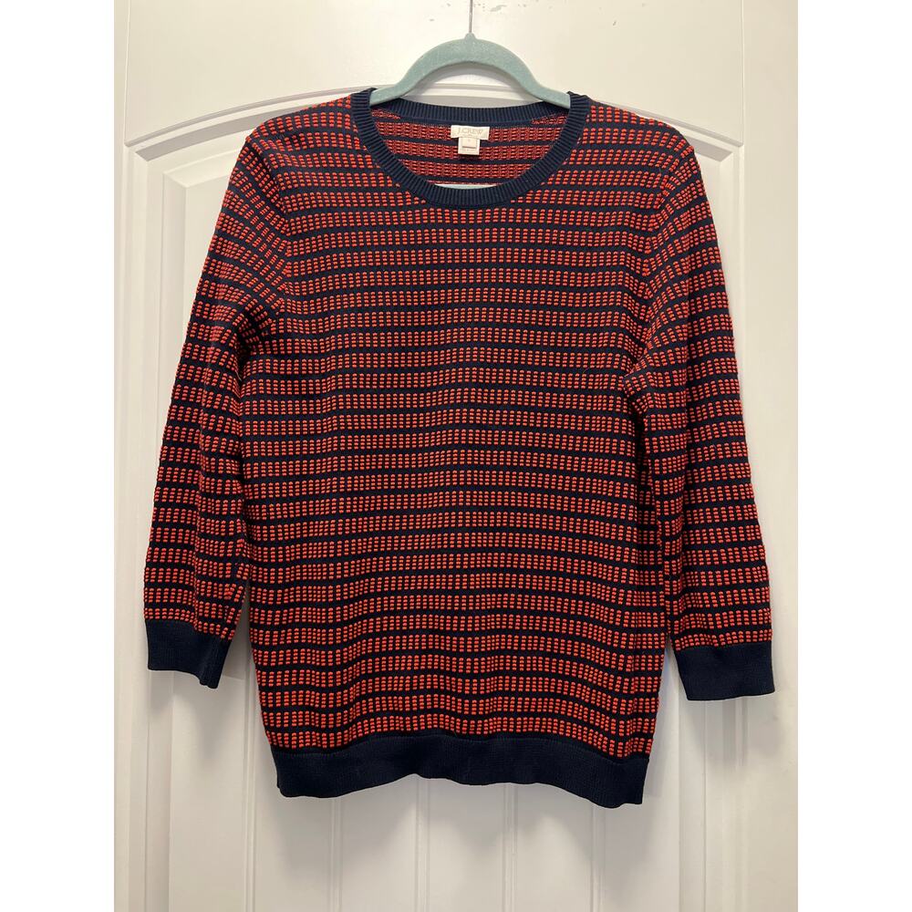 J. Crew Women’s 3/4 Sleeve Striped Dot Dash Pullover Sweater Size L Red Blue